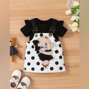 New 2pc Baby Girls Bear Black Romper & Polka Dot Overall Dress. 9-12 Months